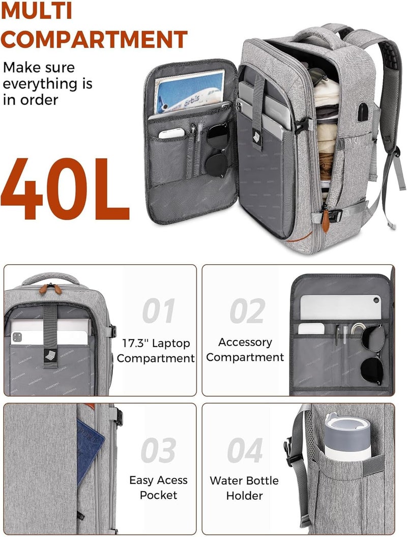 Vancropak Carry on Backpack, Flight Approved 18x14x8 Travel Backpack with 3 Packing Cubes, Expandable Large 40L Travel Bag fits 17.3" Laptop, Anti Theft Luggage Suitcase Weekend for Women Men, Grey - Image 2